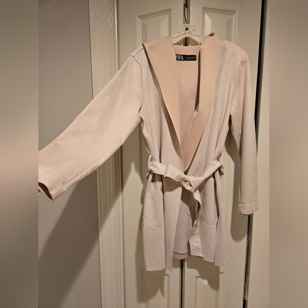 Zara FAUX SUEDE Cream Belted Coat With Hood